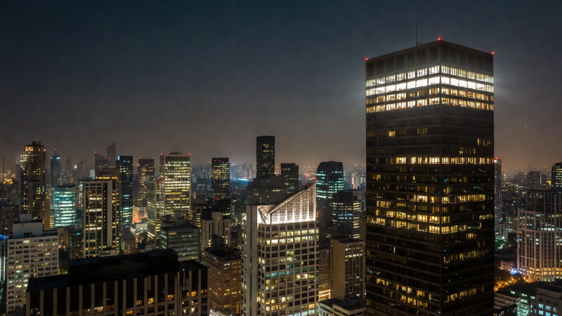 Downtown office towers at night representing large insurance companies