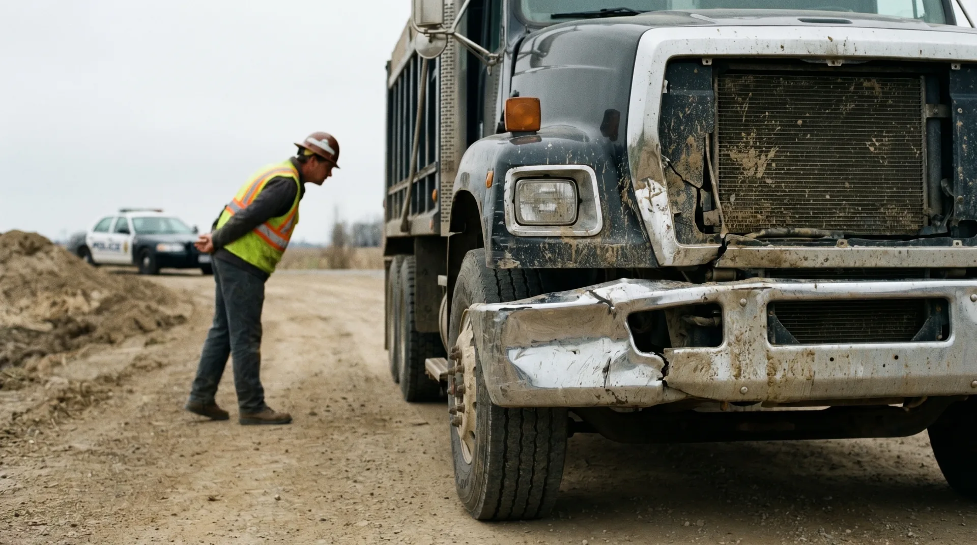 Damaged dump truck with a crumpled bumper on a dirt job site as a worker looks on