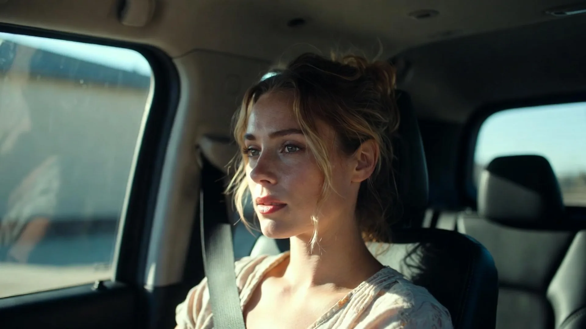Woman sitting in the front passenger seat of a car with her seatbelt fastened