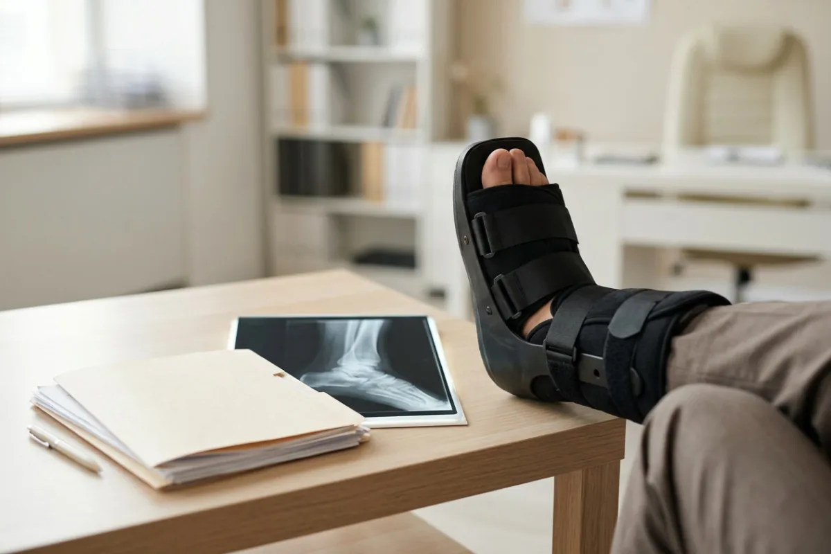Foot in a supportive walking boot propped on a table beside an ankle x-ray and a case file