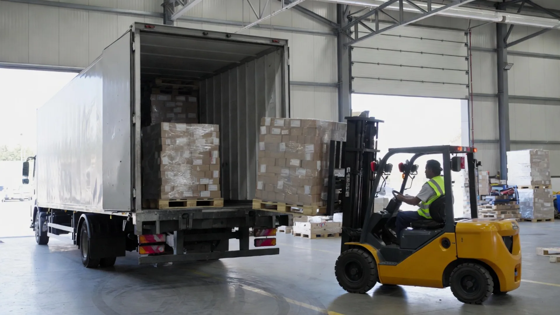 Forklift loading palletized freight into a box truck