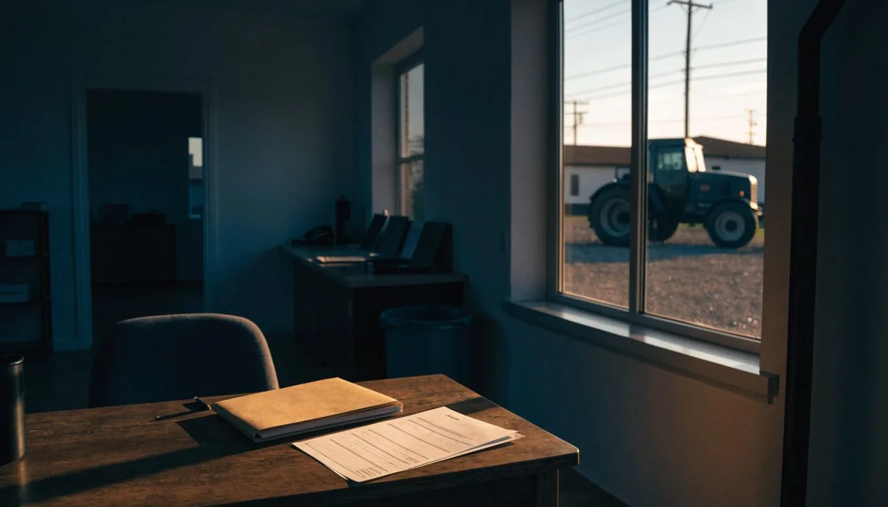 A dim hiring office with a folder on the desk and a tractor visible in the yard.