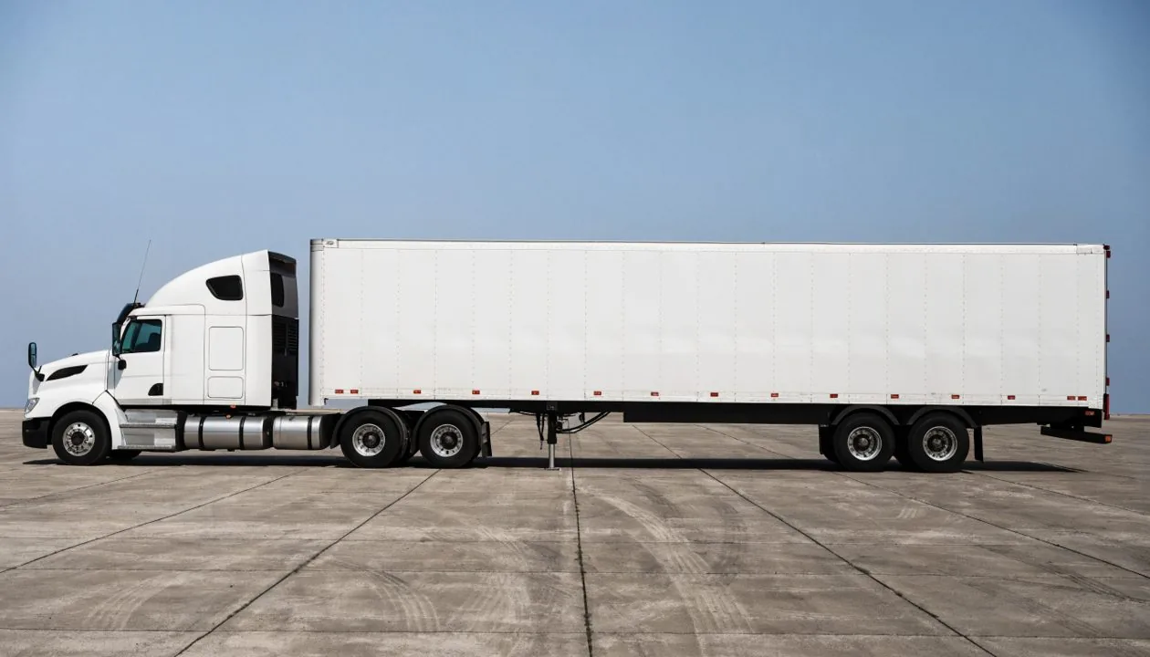 A tractor-trailer in side profile on an open lot, cab toward the left and trailer toward the right.