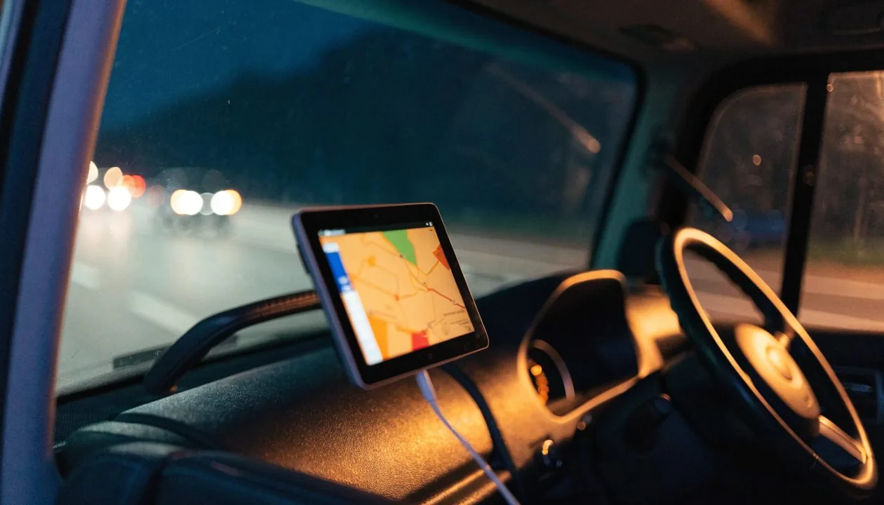 A cab at night with a blurred map glowing on a tablet.