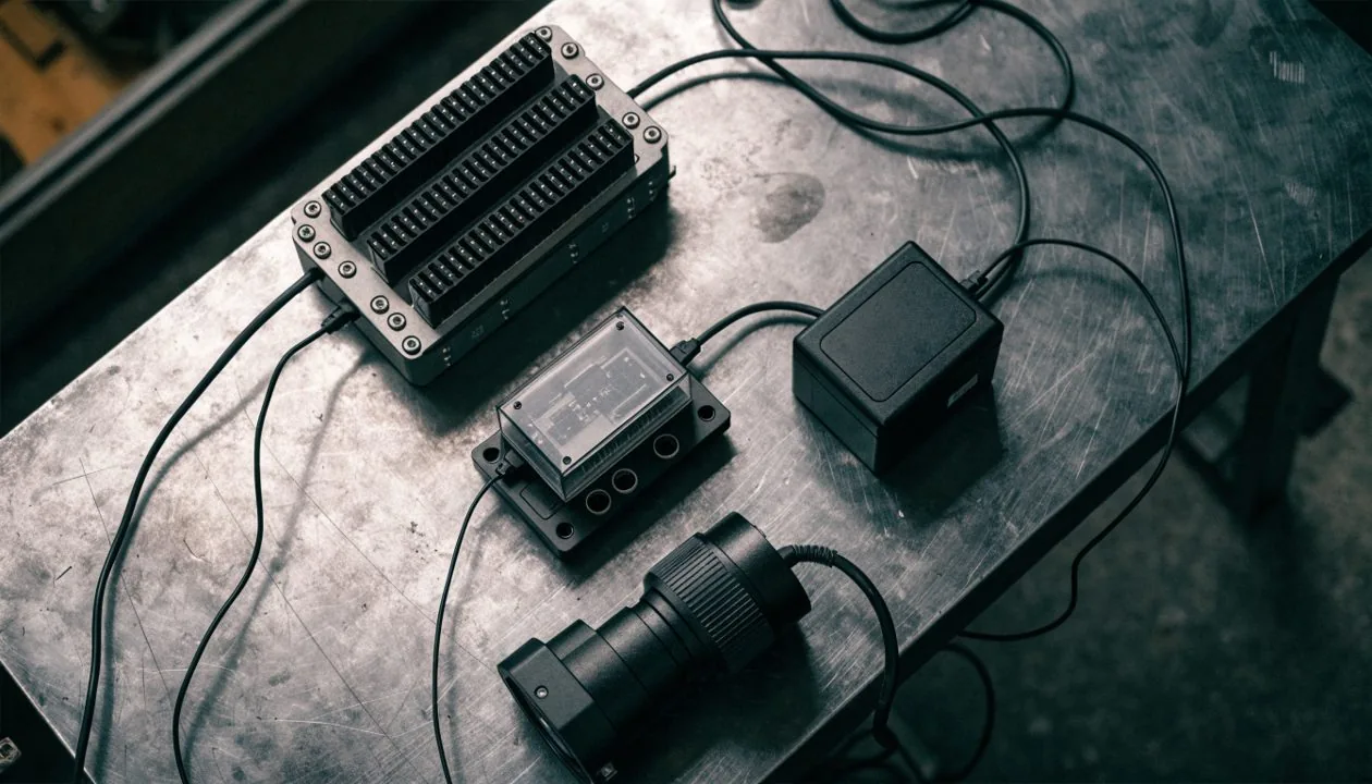 Four different recording devices laid out on a workbench.