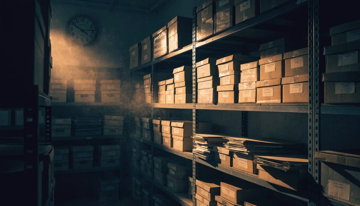 A records room with an analog clock and folders whose labels cannot be read.