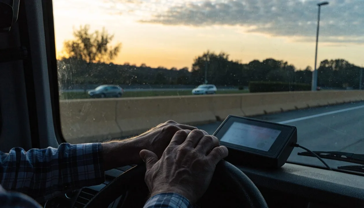 Hands beside a blurred electronic logging screen at dawn.