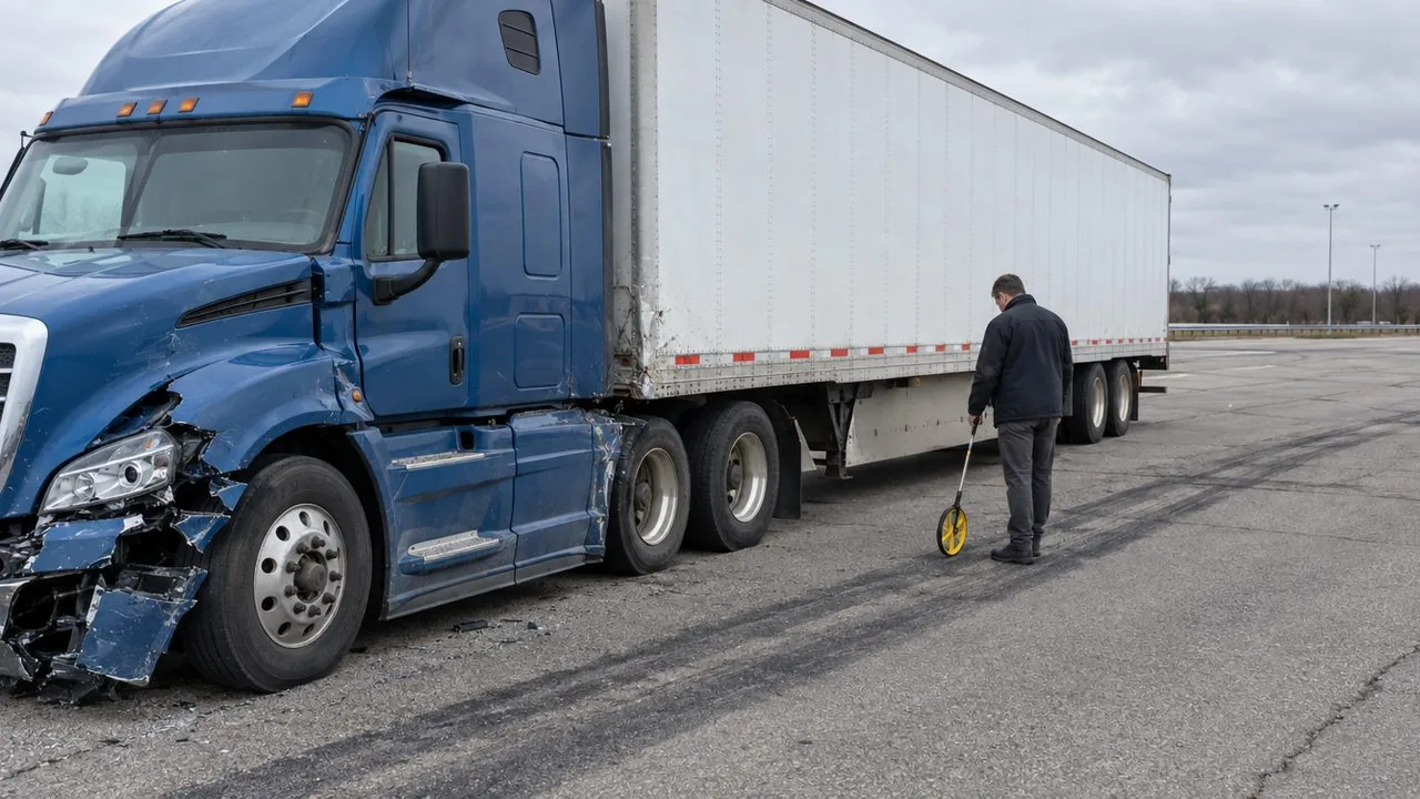 An investigator with a measuring wheel beside tire marks and a stopped tractor-trailer.