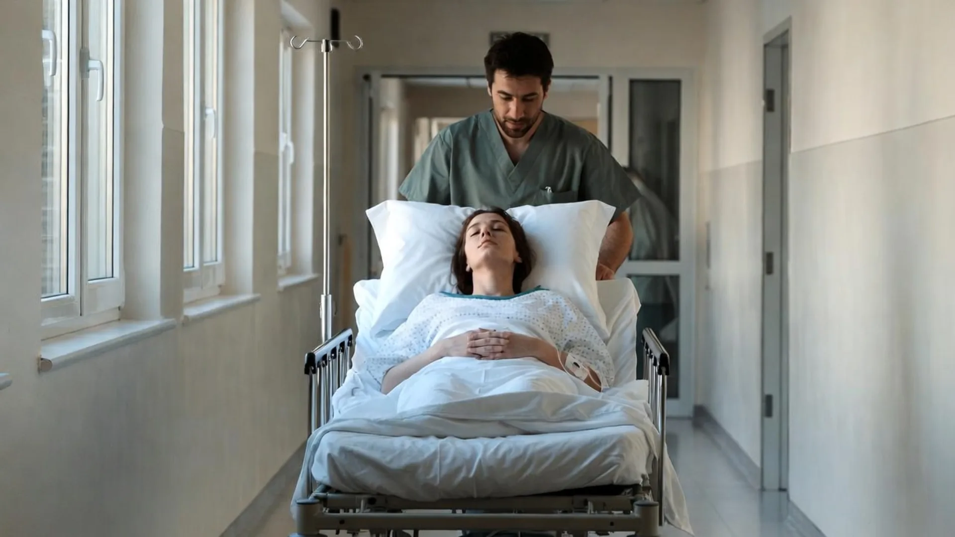 Injured patient on a hospital gurney being moved down a corridor