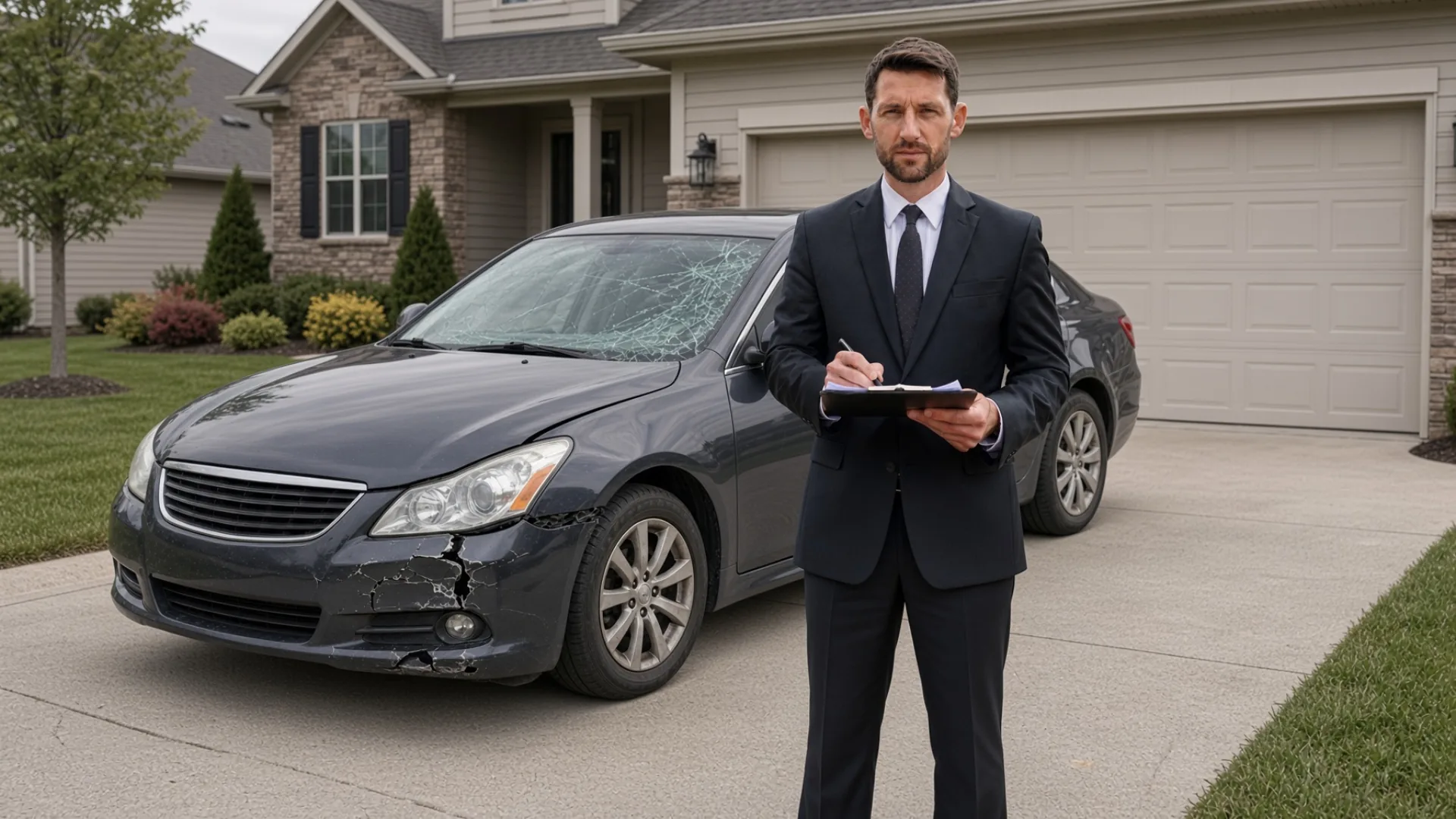 Insurance adjuster with a clipboard beside a damaged sedan in a driveway