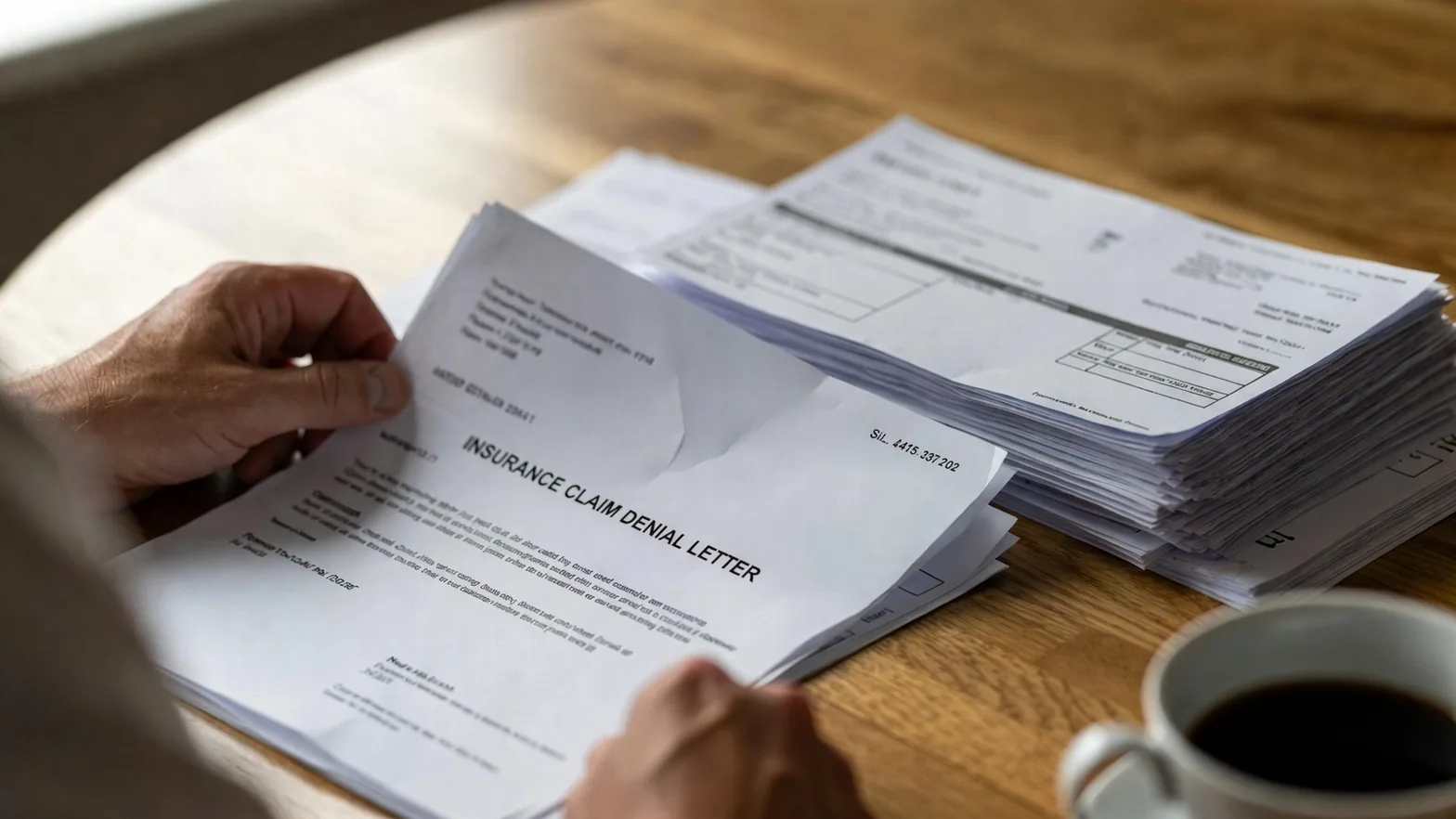 Hands holding an insurance claim denial letter beside a stack of medical bills on a kitchen table