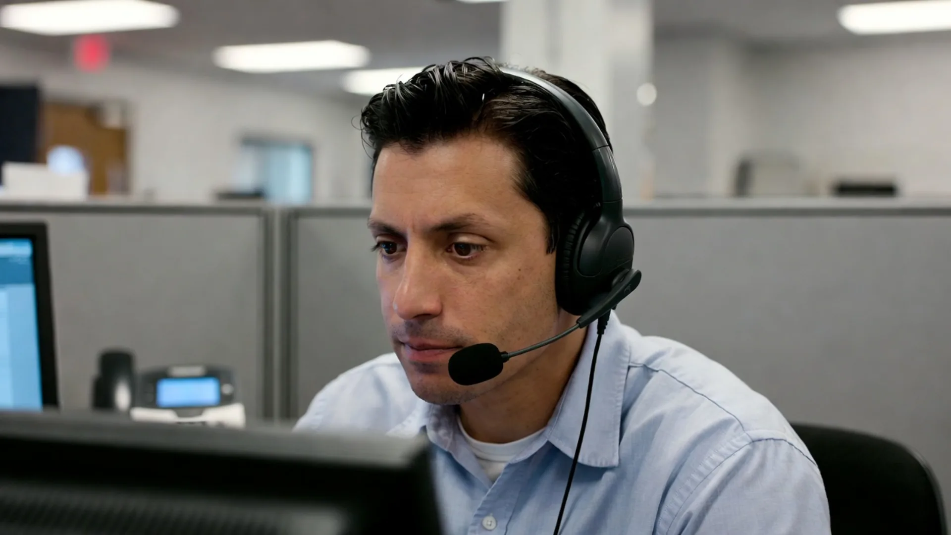 Insurance claims adjuster wearing a headset while reviewing fault on a claim