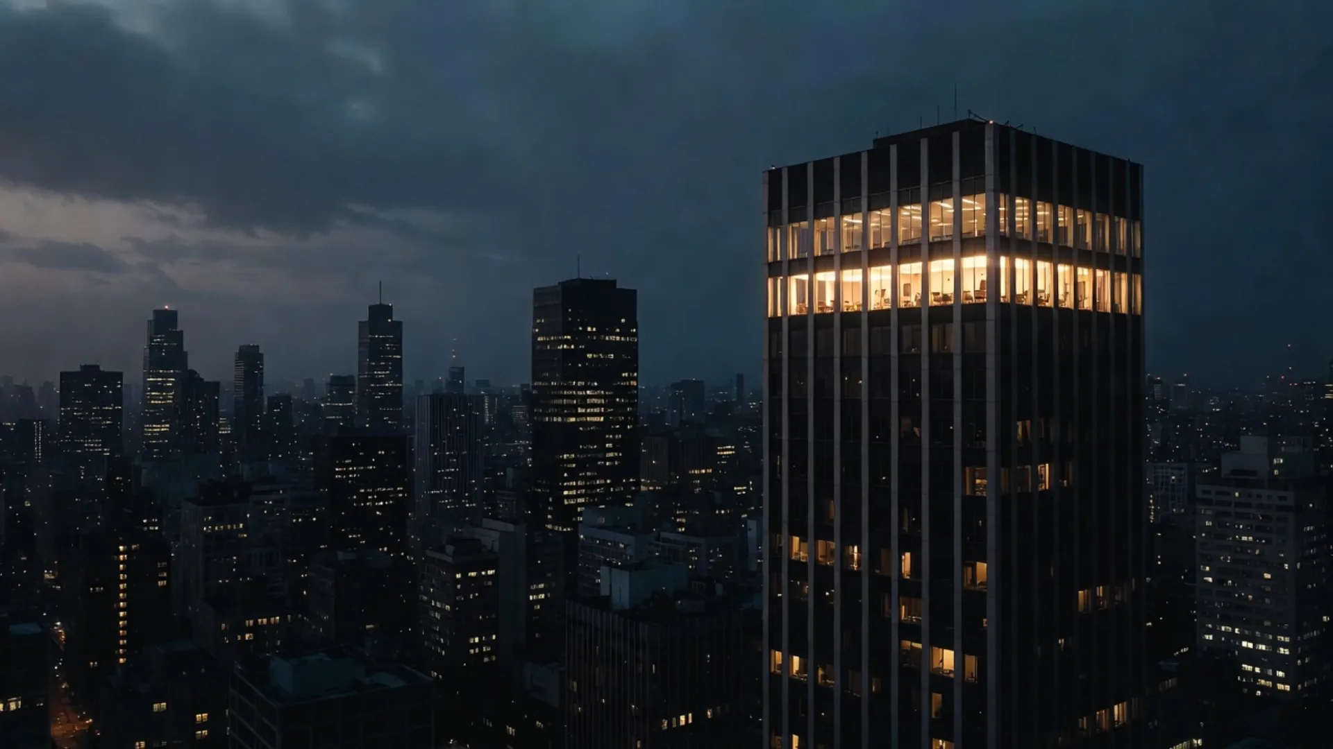 Insurance company office tower with lights still on after dark