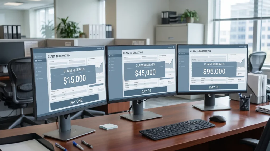 Three monitors showing claim reserve figures rising from $15,000 at Day One to $95,000 at Day 90