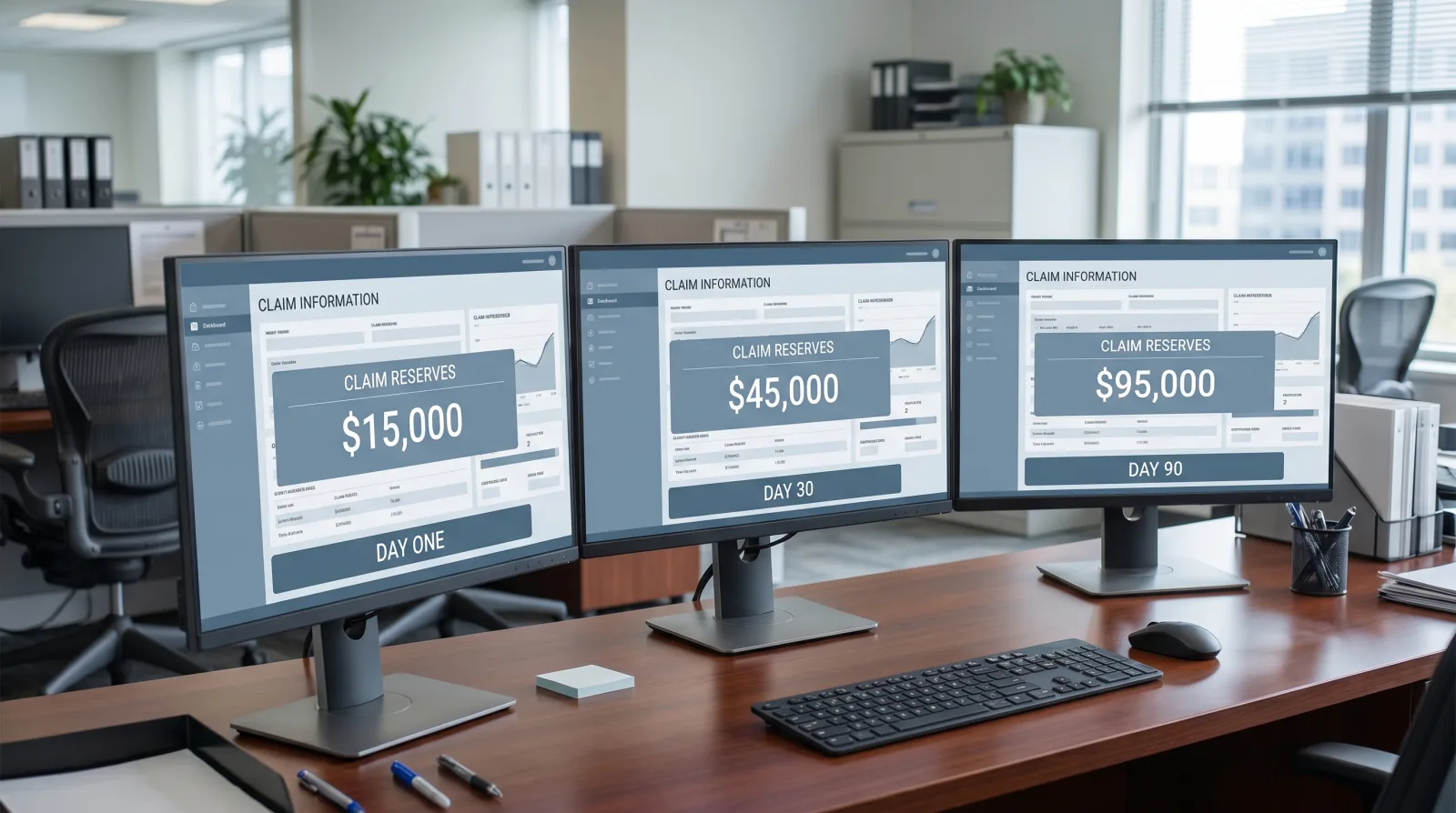 Three monitors showing claim reserve figures rising from $15,000 at day one to $95,000 at day 90