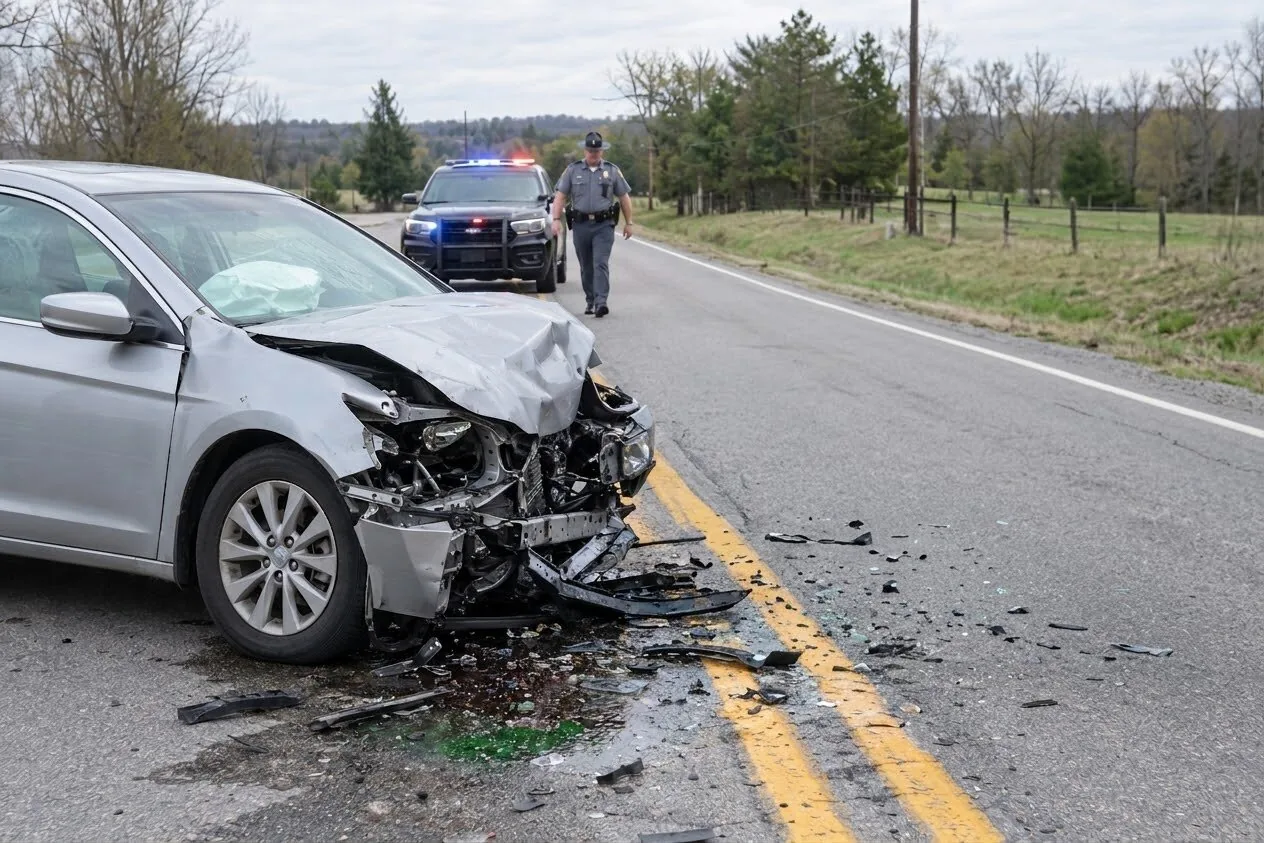 Damaged car at a Kentucky accident scene with a state trooper