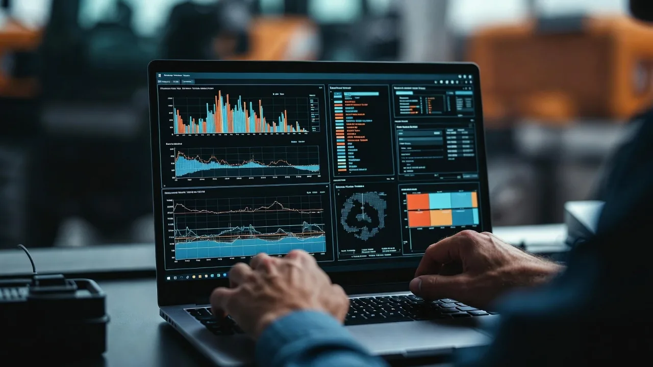 Hands typing on a laptop showing data analytics charts