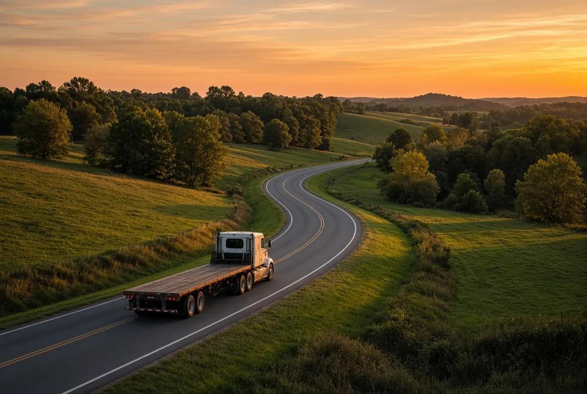 A flatbed truck traveling along a winding rural road