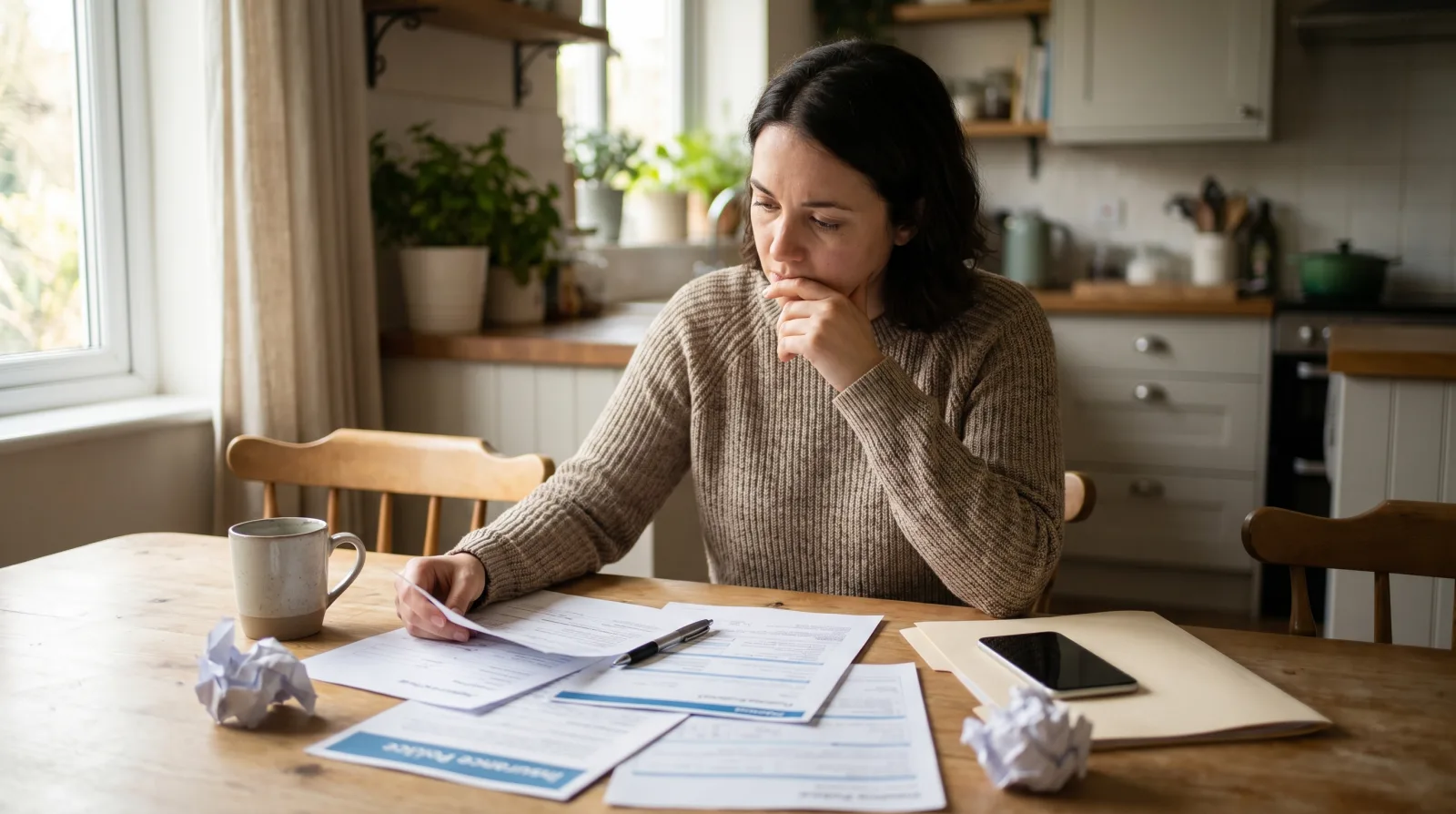 Woman sitting at a kitchen table reading insurance claim paperwork with a coffee mug and pen nearby