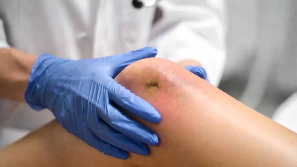 Doctor in blue gloves examining a bruised and swollen knee after a car accident
