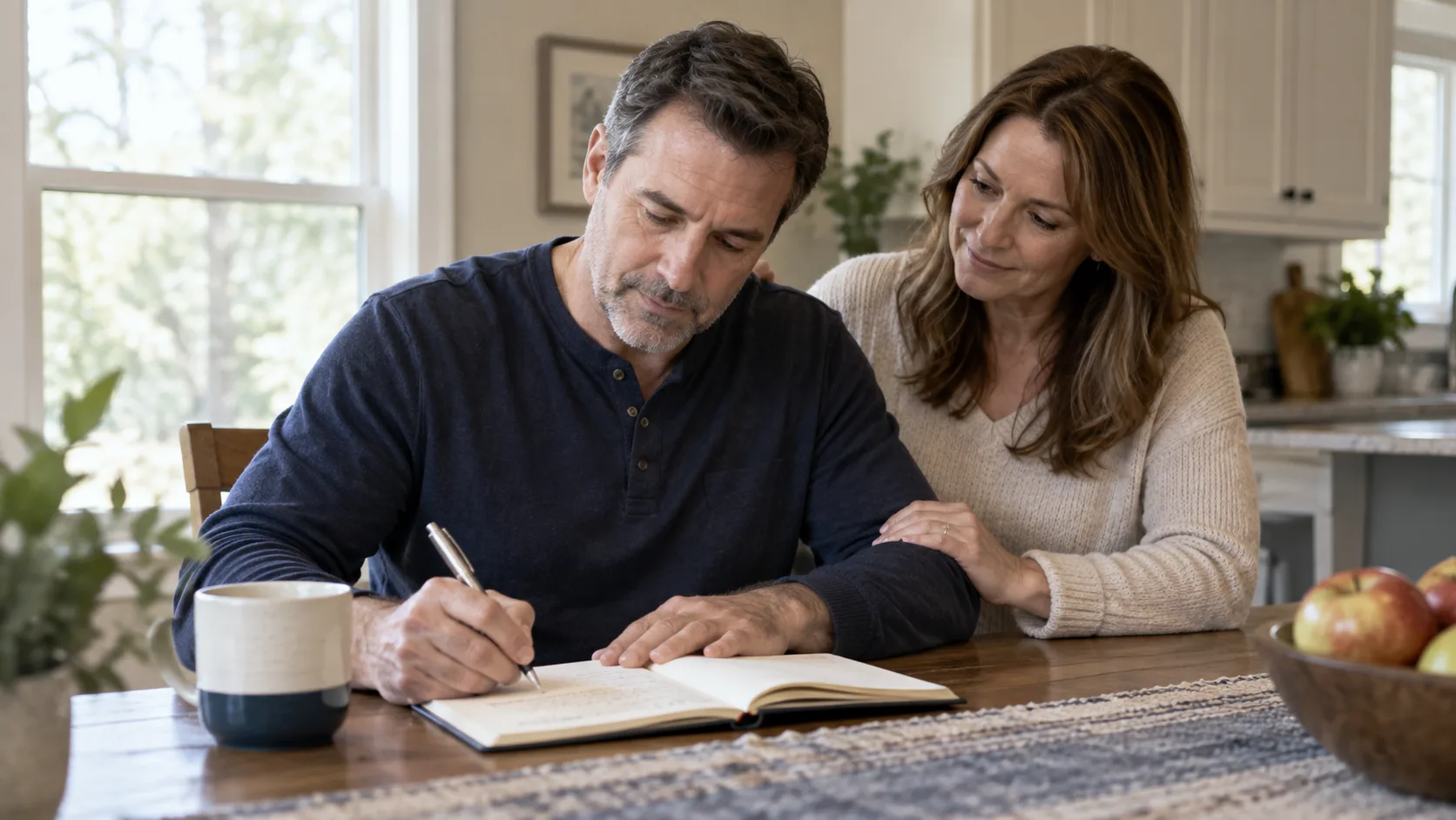 Adult writing in a journal at a kitchen table with a family member nearby.