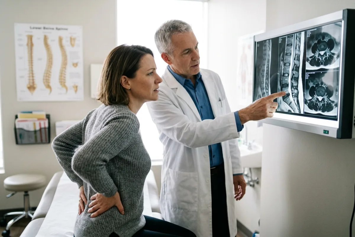 Patient standing beside a doctor who is pointing at a lumbar spine mri on a wall monitor