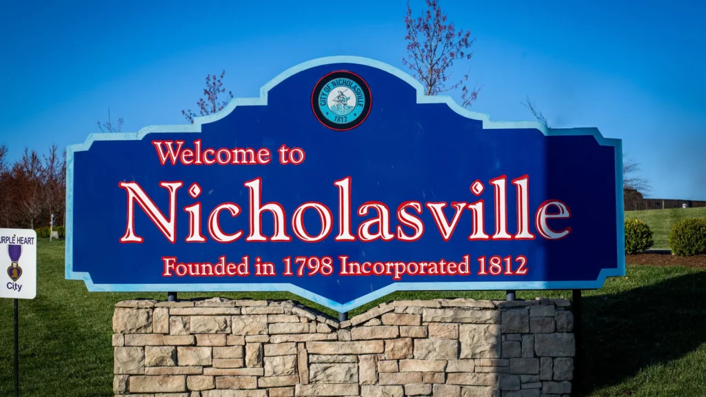 Welcome to Nicholasville sign, founded 1798 and incorporated 1812, in Jessamine County Kentucky