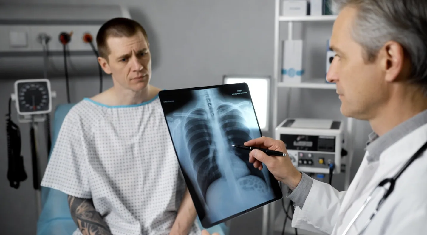 Physician pointing to a chest x-ray while talking with a patient in an exam room