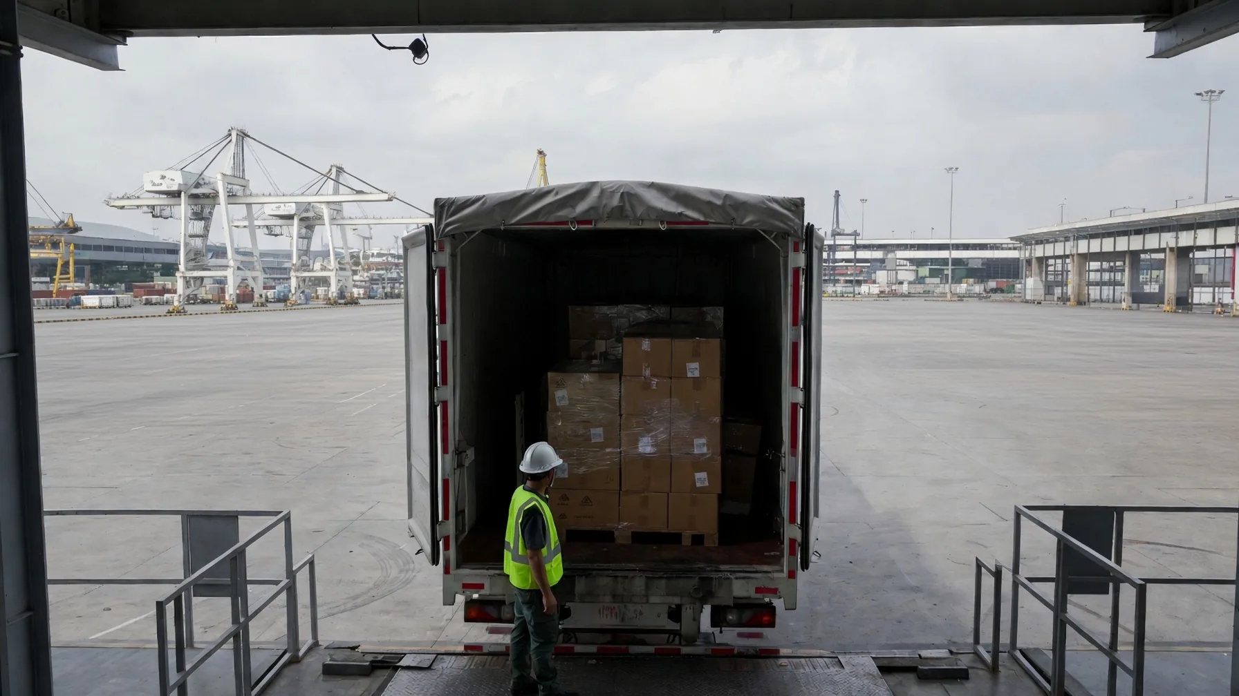Worker in a safety vest unloading boxes from a truck at a loading dock