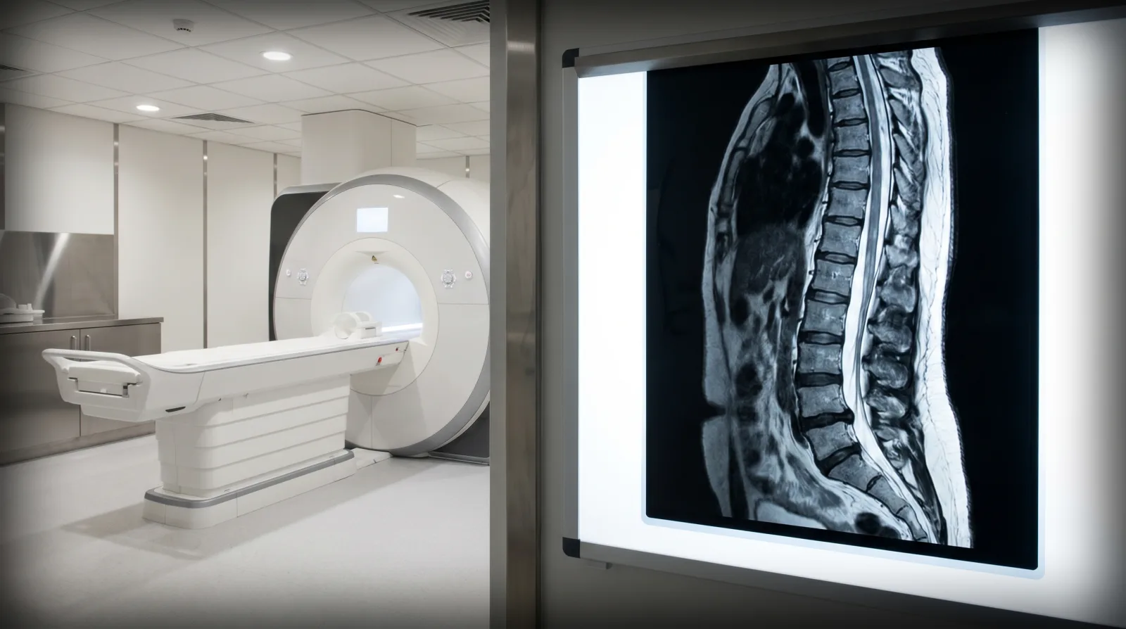 Mri scanner in a radiology suite next to a lit lightbox displaying a lumbar spine mri
