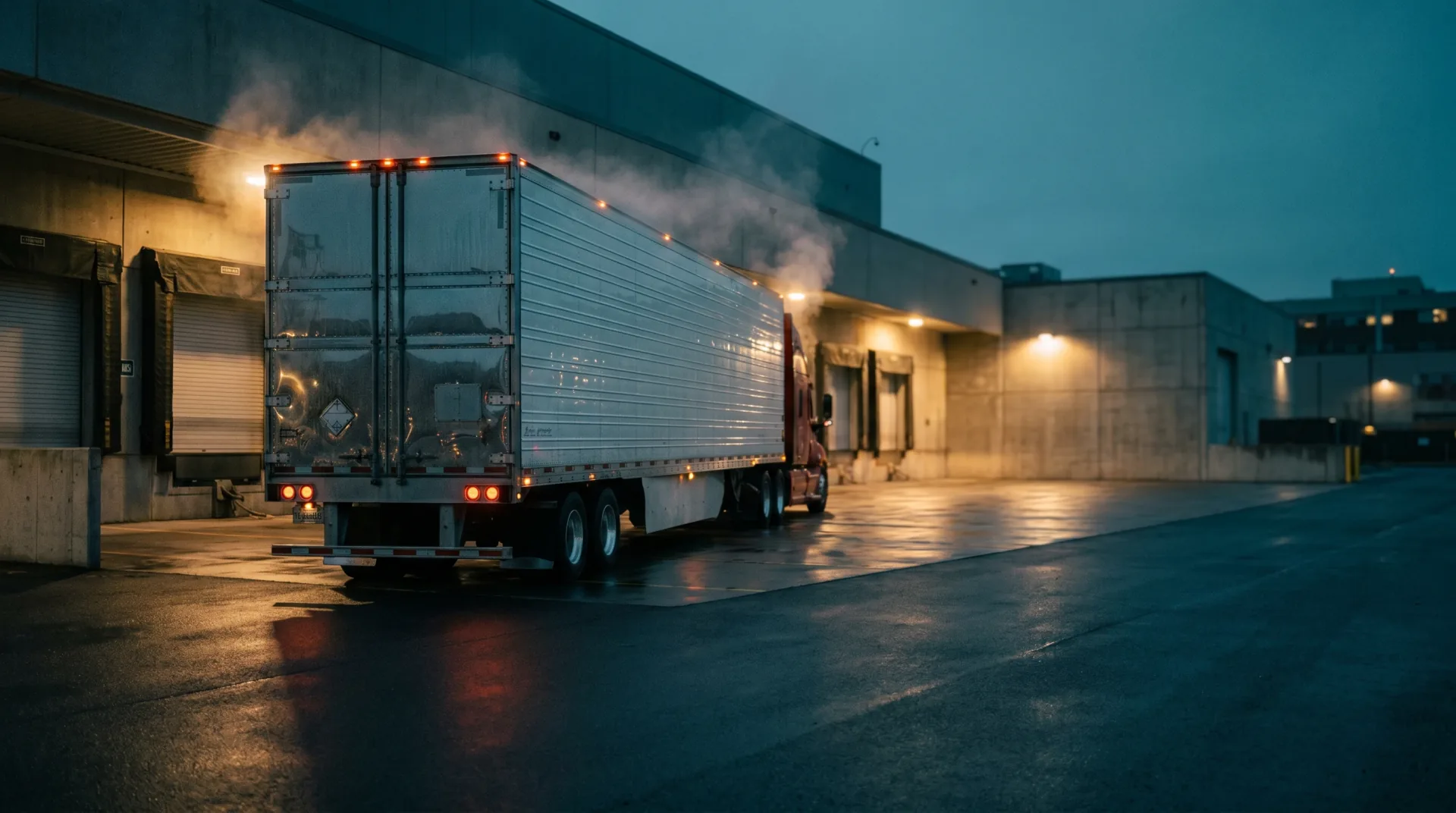 Refrigerated tractor-trailer parked at a warehouse loading dock at dusk with vapor coming off the trailer