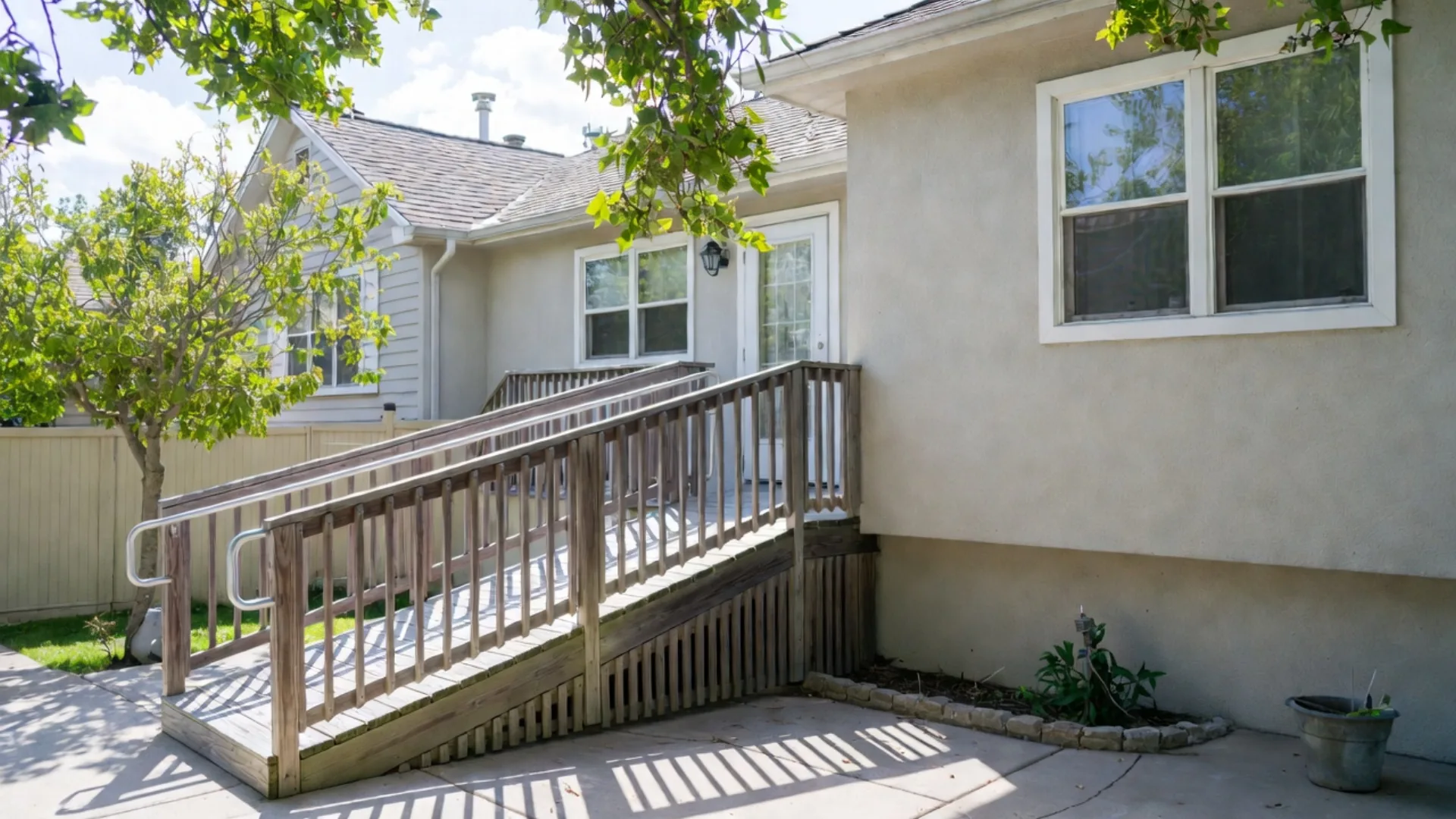 Wooden wheelchair ramp added to a home after a catastrophic injury