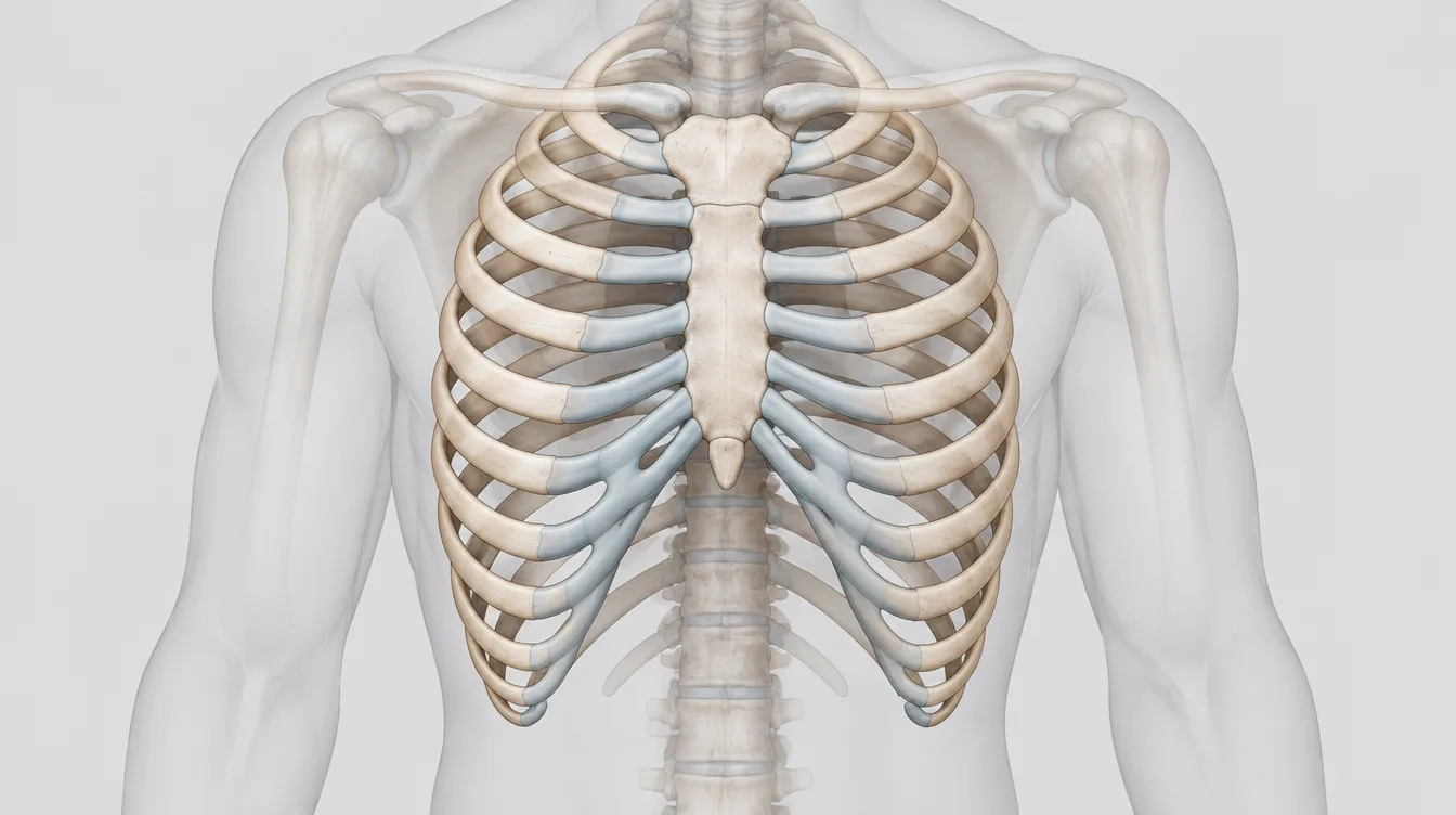 Front view illustration of the rib cage, sternum, and costal cartilage inside an adult torso