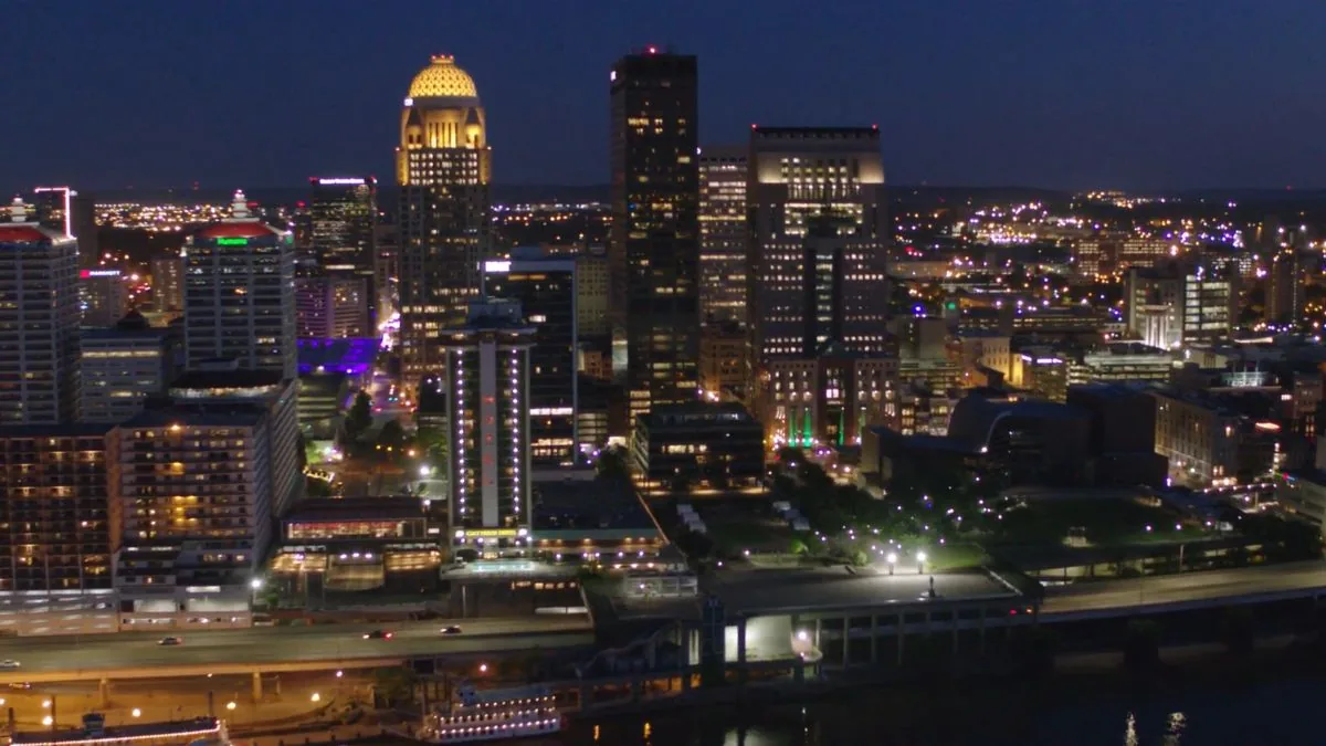 Louisville riverfront and i-64 at night