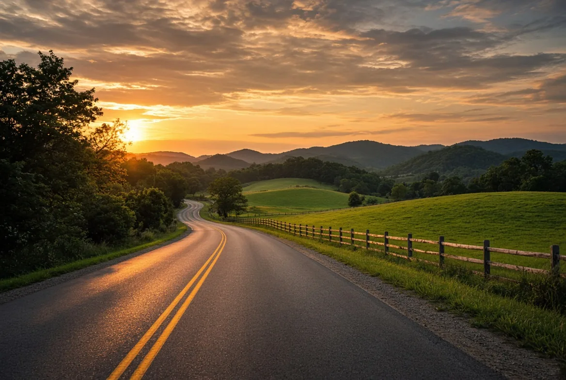 Sunset winding road with fence pasture near lexington