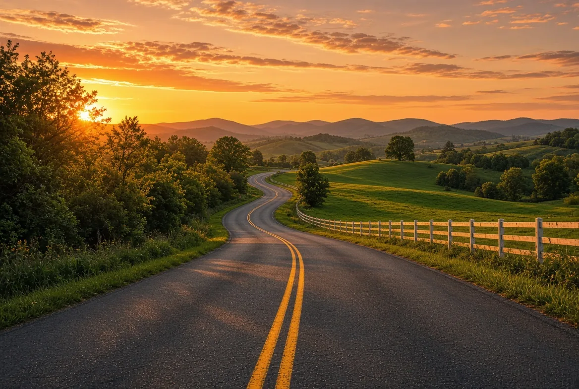 Sunset winding road with trees near lexington