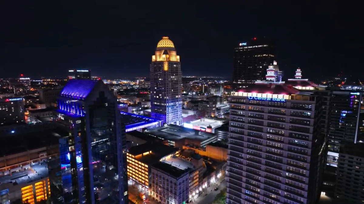 Downtown louisville aerial at night