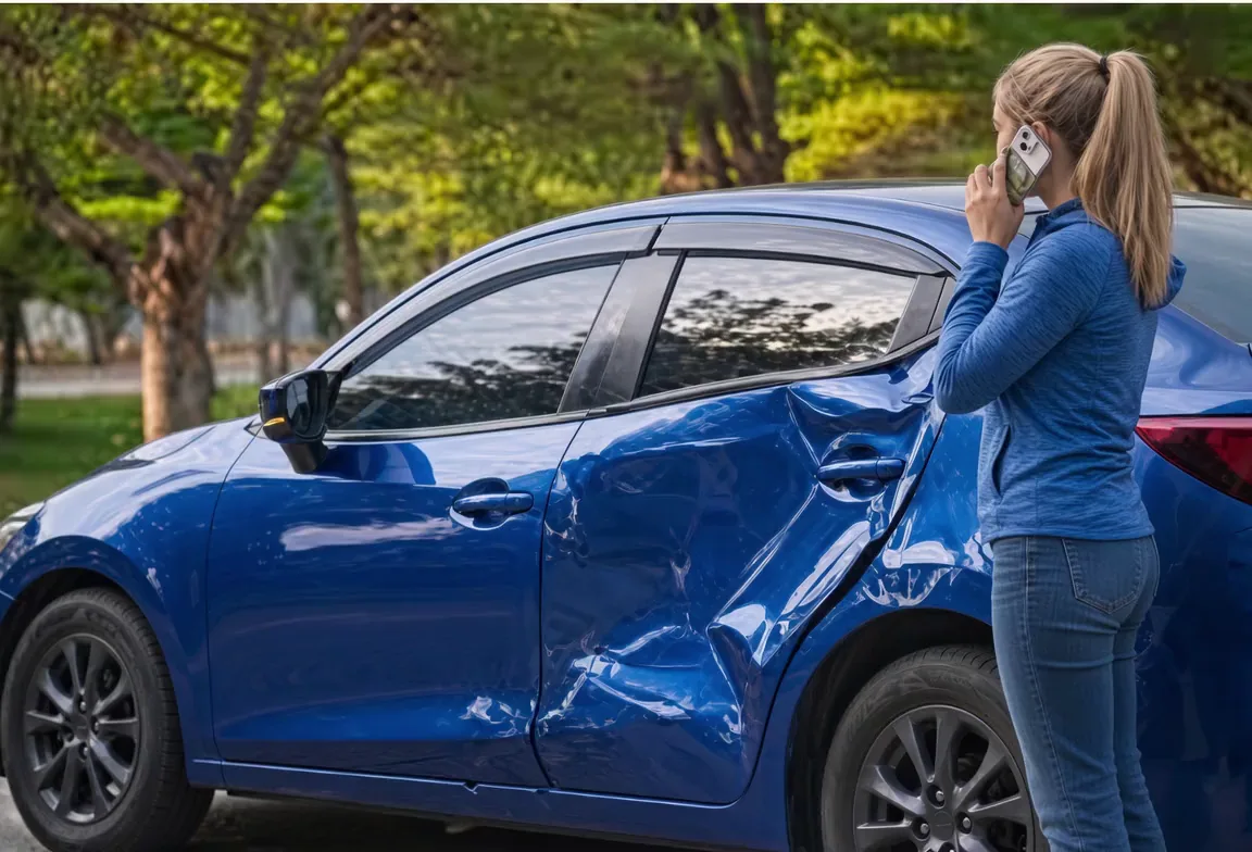 Driver on the phone reporting a crash beside her blue sedan after a side-impact collision
