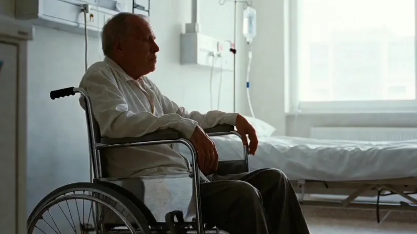 Older man sitting in a wheelchair beside a hospital bed and a window