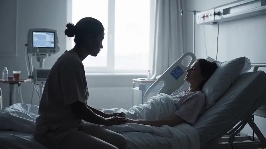 A woman rests in a hospital bed while a visitor sits beside her holding her hand, with a monitor behind them