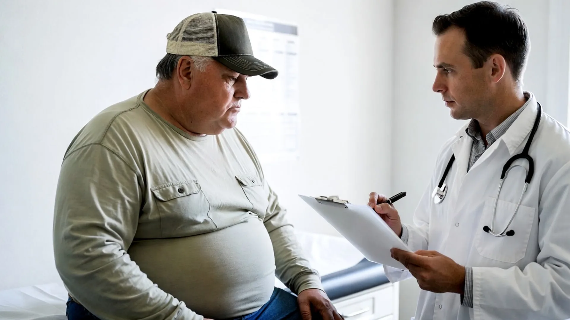 Truck driver in a medical exam room as a clinician writes on a clipboard