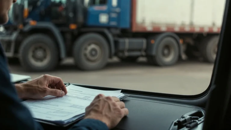 Truck driver reviewing papers on a clipboard inside a tractor-trailer cab