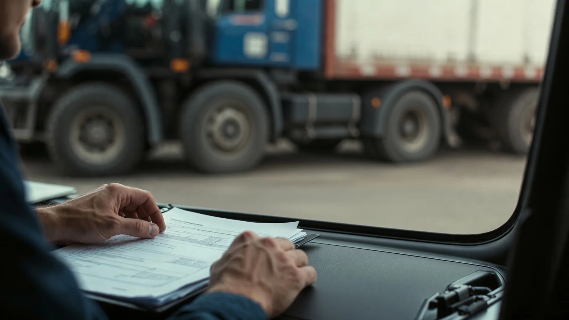 Truck driver reviewing papers on a clipboard inside a tractor-trailer cab
