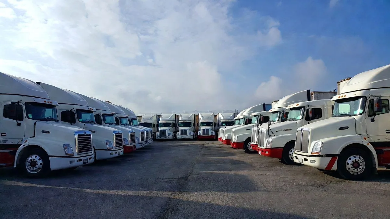 Row of white semi trucks parked at a trucking company