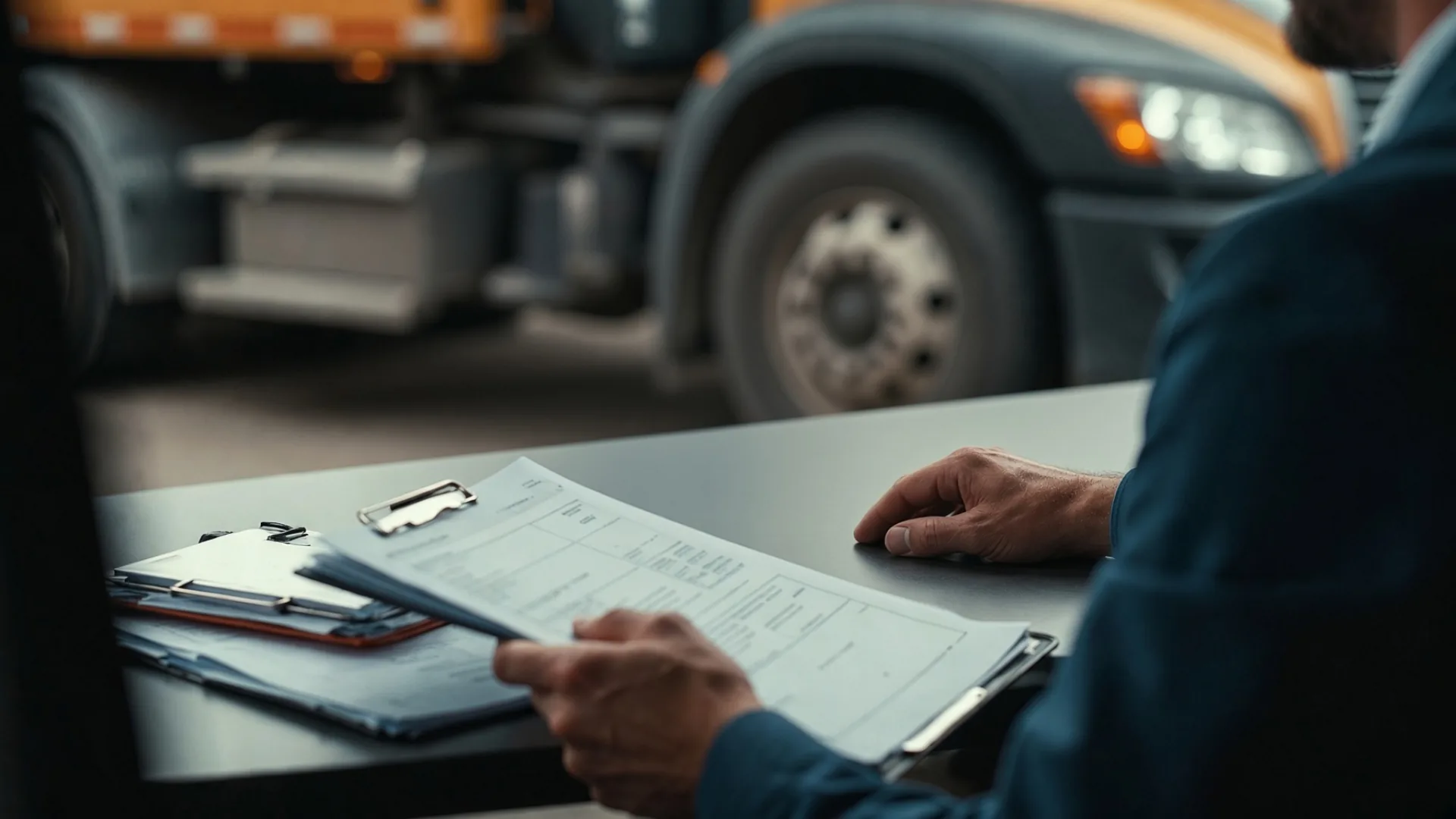 Trucking supervisor reviewing papers on a clipboard with a yellow truck in the background