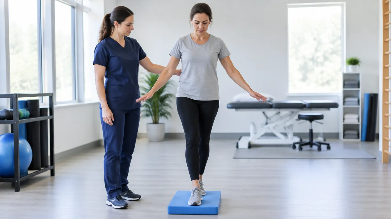 Physical therapist guarding a patient who is balancing heel to toe on a foam pad in a rehabilitation clinic