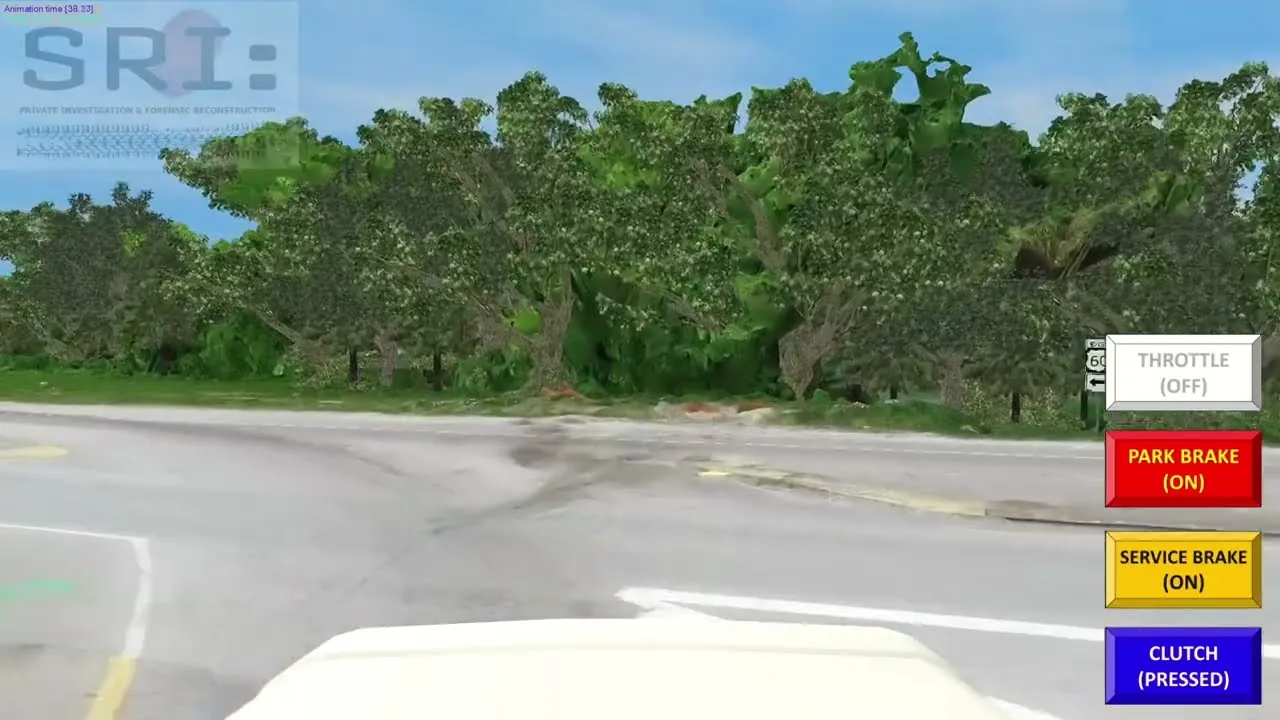 Reconstruction animation of a road with on-screen brake and clutch status indicators