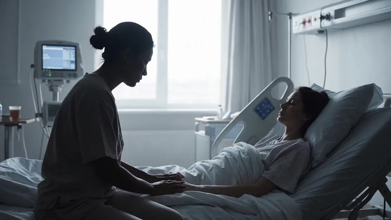 Visitor in silhouette holding the hand of a woman resting in a hospital bed