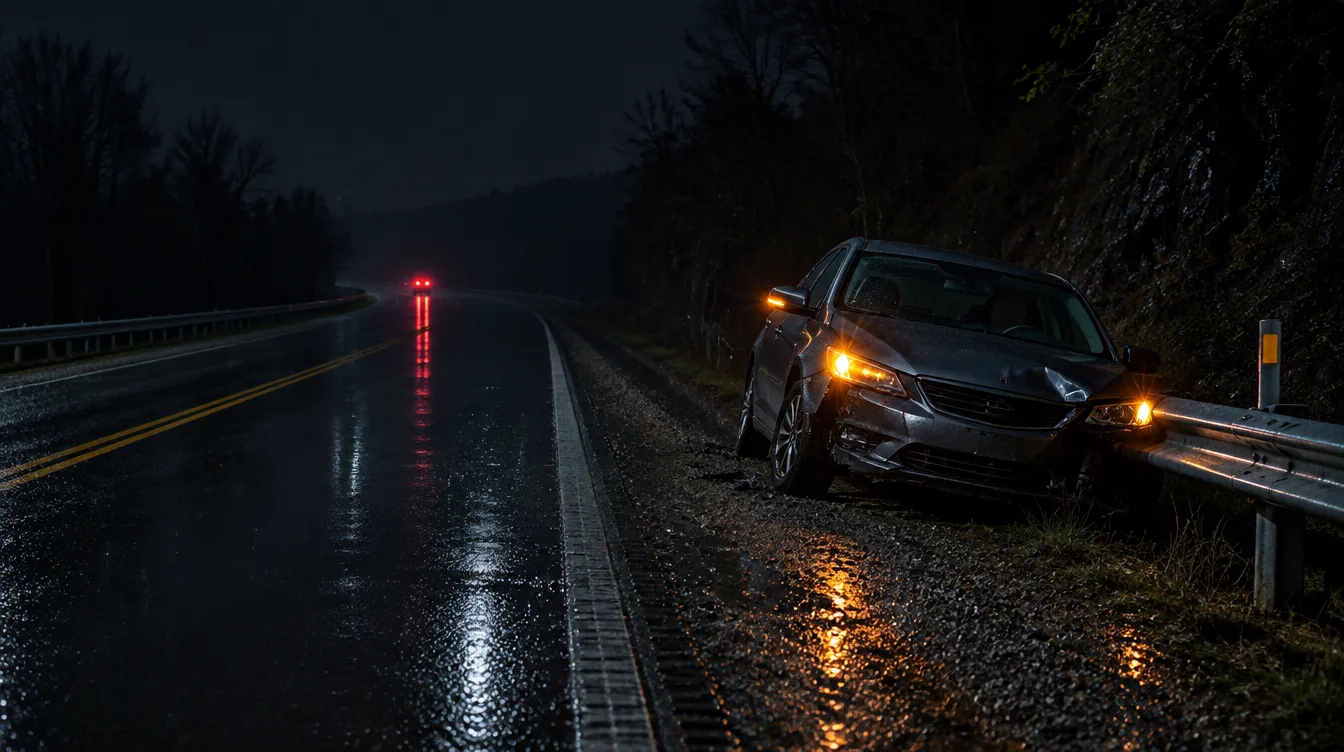 Sedan stopped on a gravel shoulder against a guardrail on a wet Kentucky highway at night, with a single pair of taillights fading in the distance