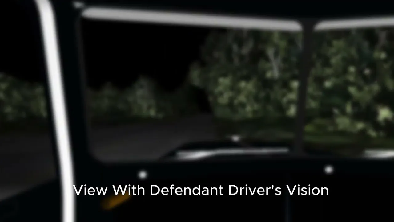 Dark animation of a truck cab view with the label View With Defendant Driver’s Vision